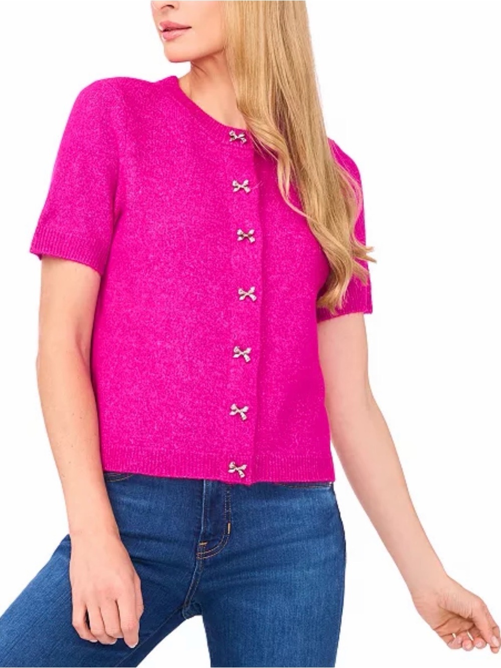 CeCe Women's Short Sleeve Bow Button Cardigan Sweater Magenta size L
